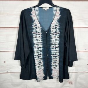 Susan Betro Weekend Top Womens 1X Black Tie Dye Print Blouse Kimono Sleeve Woven